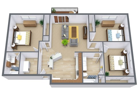 Floor plan for 3 beds, 2 baths